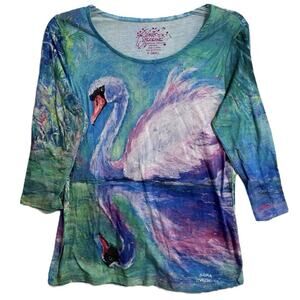 Leoma Lovegrove Artsy Swan Painting Top XS Art to Wear Unique Colorful Eclectic